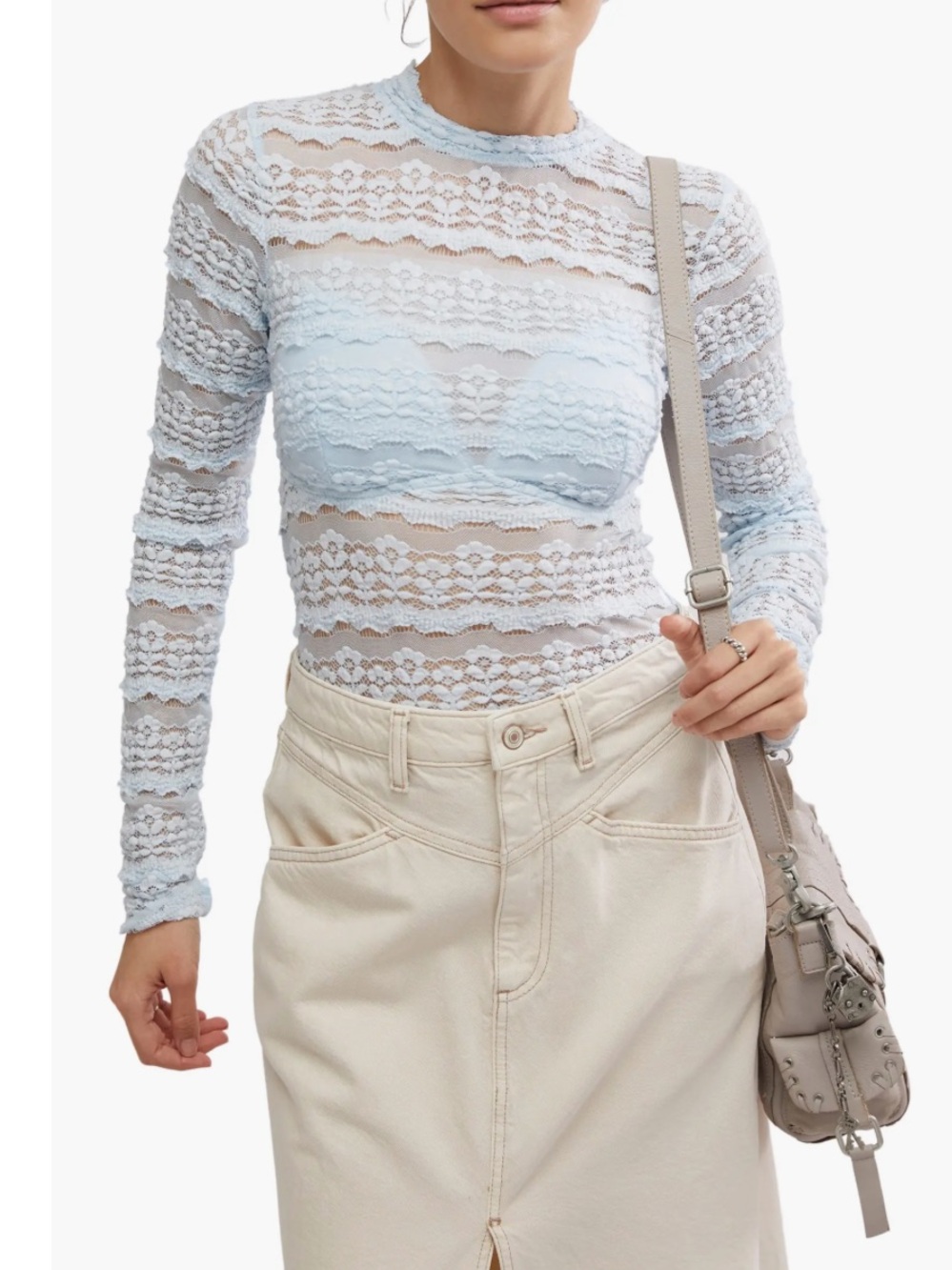 Light Blue Lace Long-Sleeve Sheer Top